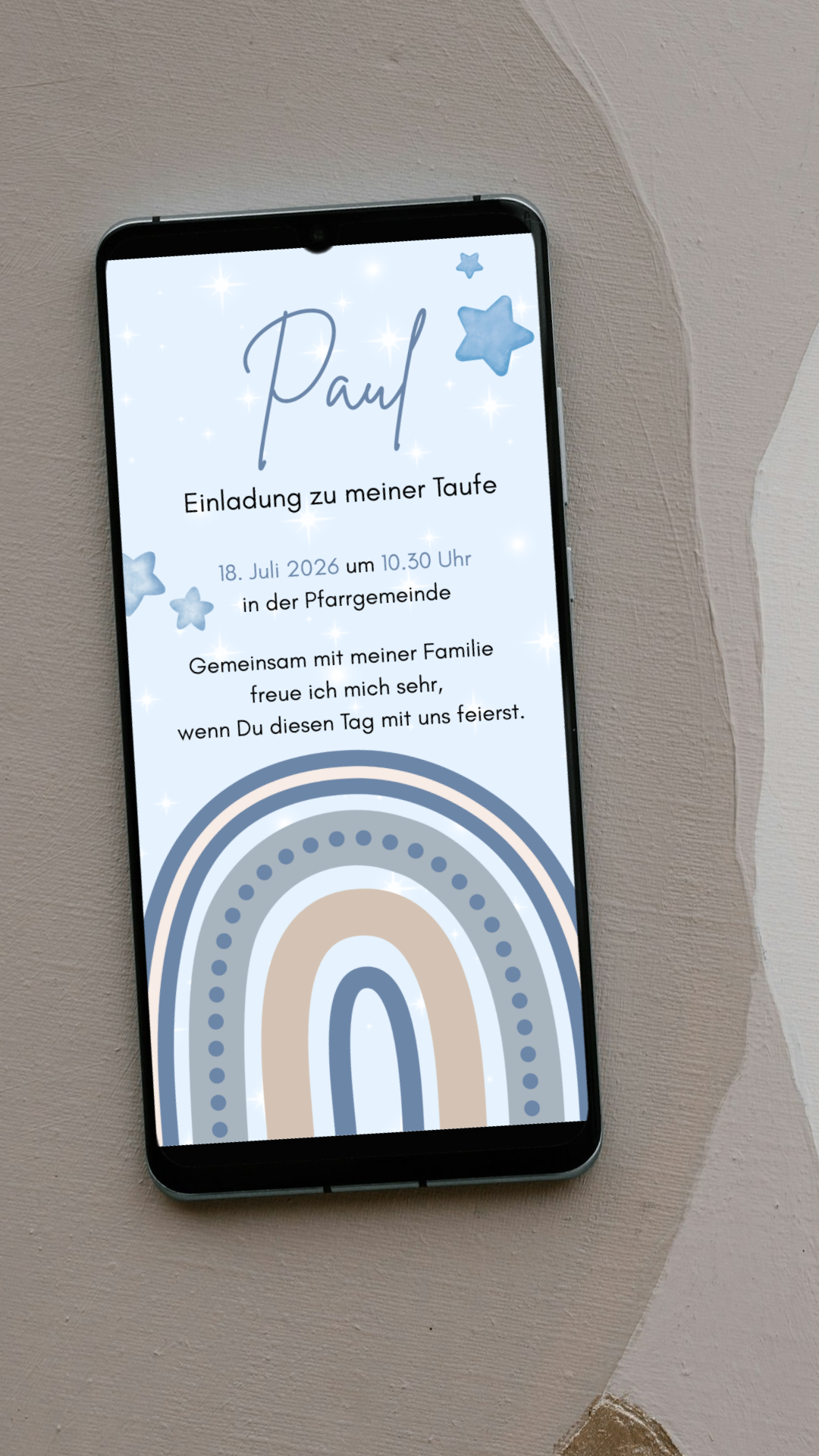 Digitale Taufeinladung mit Sternenhimmel & Regenbogen – stilvolle Einladung zur Taufe