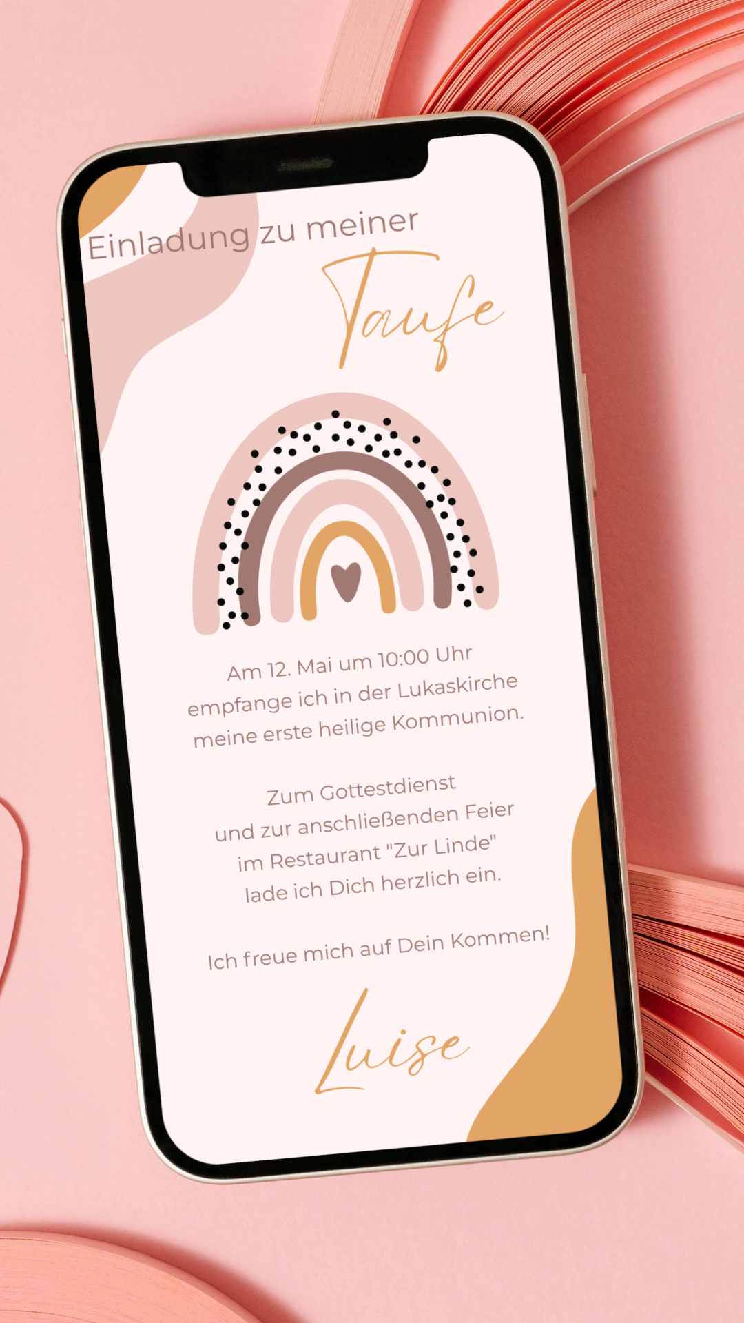 Digitale Taufeinladung mit Herz & Regenbogen – liebevoll gestaltete Einladung zur Taufe