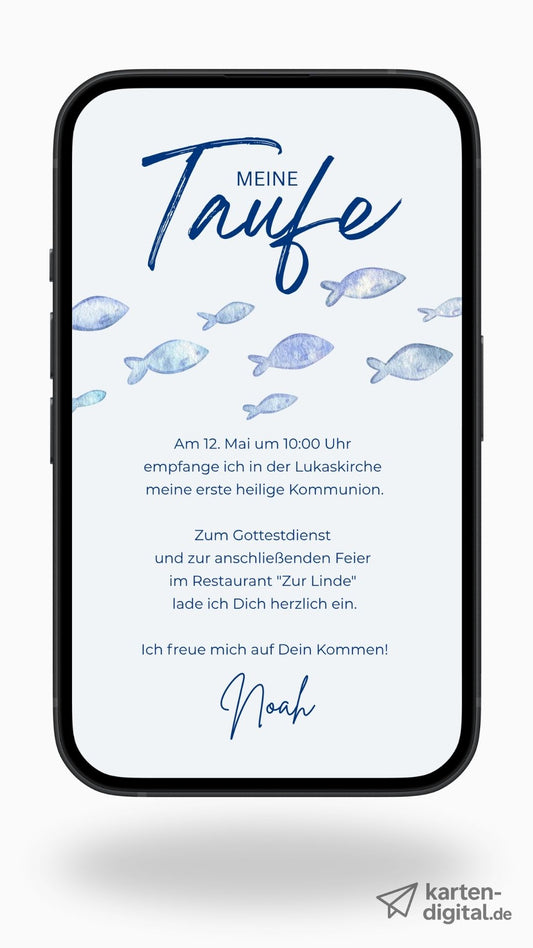 Digitale Einladung zur Kommunion mit blauen Fischen – moderne Kommunionseinladung mit christlichem Symbol