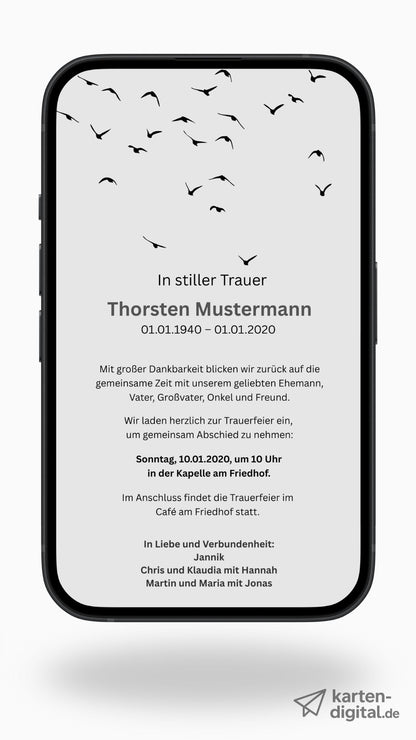 Digitale Trauerkarte mit Beerdigungsdetails – stilvoll und persönlich Abschied nehmen