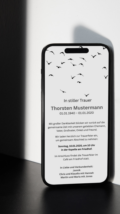 Digitale Trauerkarte mit Beerdigungsdetails – stilvoll und persönlich Abschied nehmen
