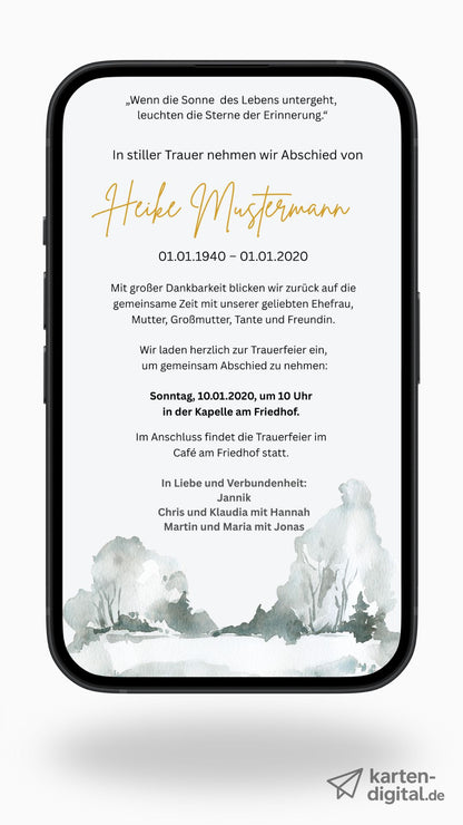 Digitale Trauerkarte mit goldener Schrift und Landschaft – hell, stilvoll und tröstlich Abschied nehmen