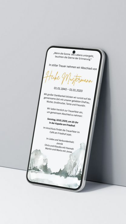 Digitale Trauerkarte mit goldener Schrift und Landschaft – hell, stilvoll und tröstlich Abschied nehmen