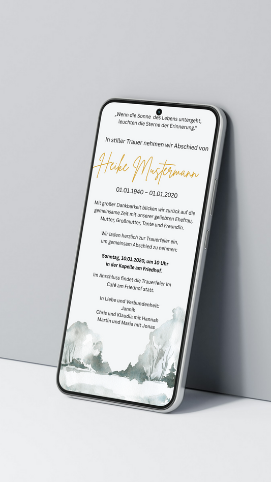 Digitale Trauerkarte mit goldener Schrift und Landschaft – hell, stilvoll und tröstlich Abschied nehmen