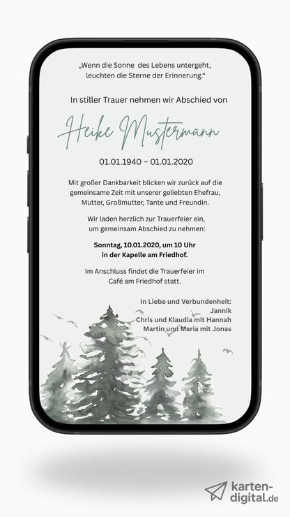 Digitale Trauerkarte mit Waldmotiv – stilvoll und naturverbunden Abschied nehmen