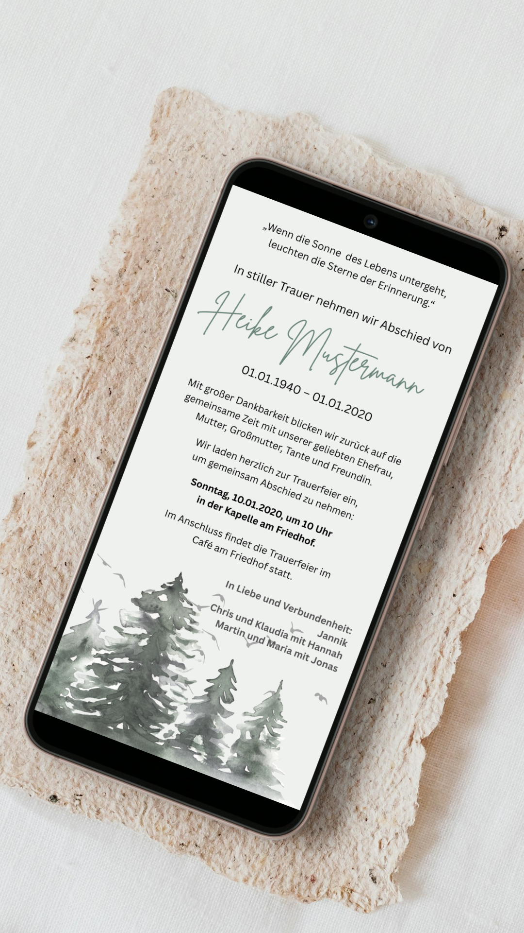 Digitale Trauerkarte mit Waldmotiv – stilvoll und naturverbunden Abschied nehmen