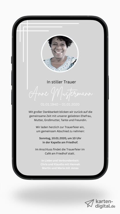 Digitale Trauerkarte mit Foto und modernem Design – stilvoll Abschied nehmen mit Persönlichkeit