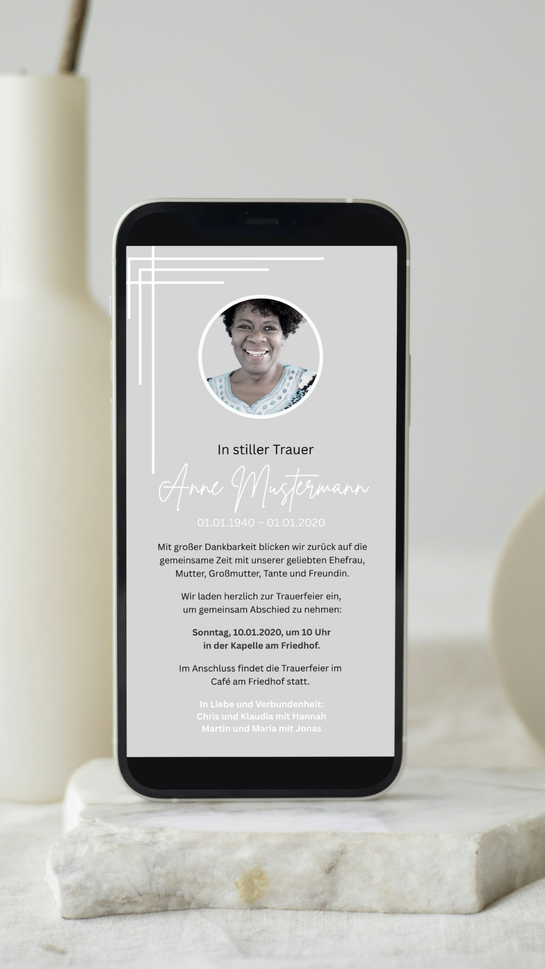Digitale Trauerkarte mit Foto und modernem Design – stilvoll Abschied nehmen mit Persönlichkeit