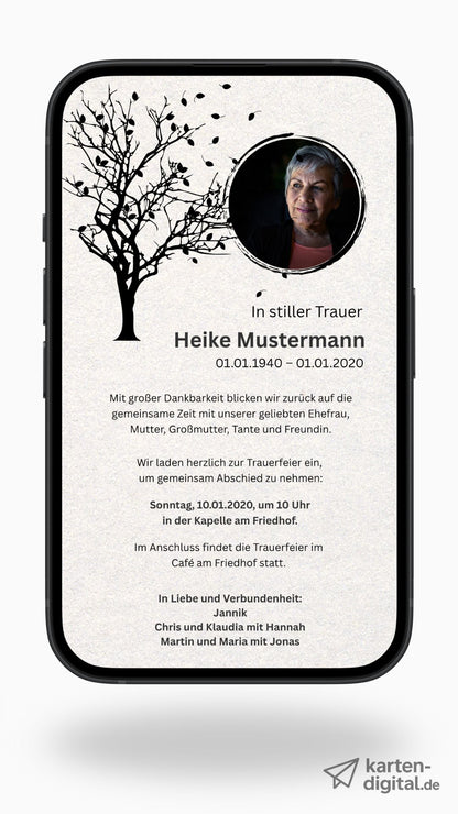 Digitale Trauerkarte mit Baum und Foto – eindrucksvoll und persönlich Abschied nehmen