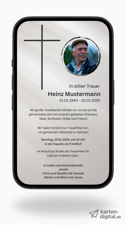 Digitale Trauerkarte mit Kreuz und Foto – klassisch und persönlich zur Beerdigung einladen