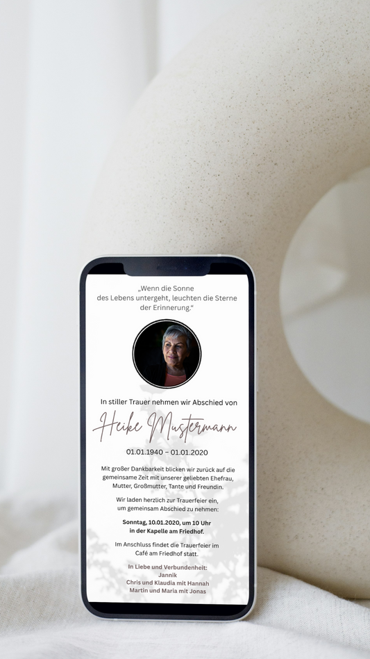 Digitale Trauerkarte mit Foto und Zitat – stilvoll, persönlich und würdevoll Abschied nehmen