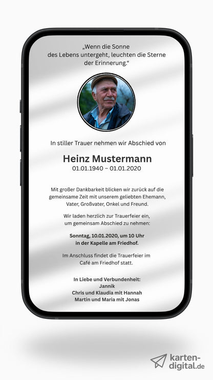 Digitale Trauerkarte mit Foto und Zitat – persönlich Abschied nehmen und zur Beerdigung einladen