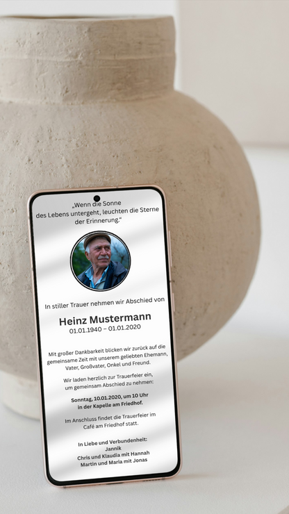 Digitale Trauerkarte mit Foto und Zitat – persönlich Abschied nehmen und zur Beerdigung einladen