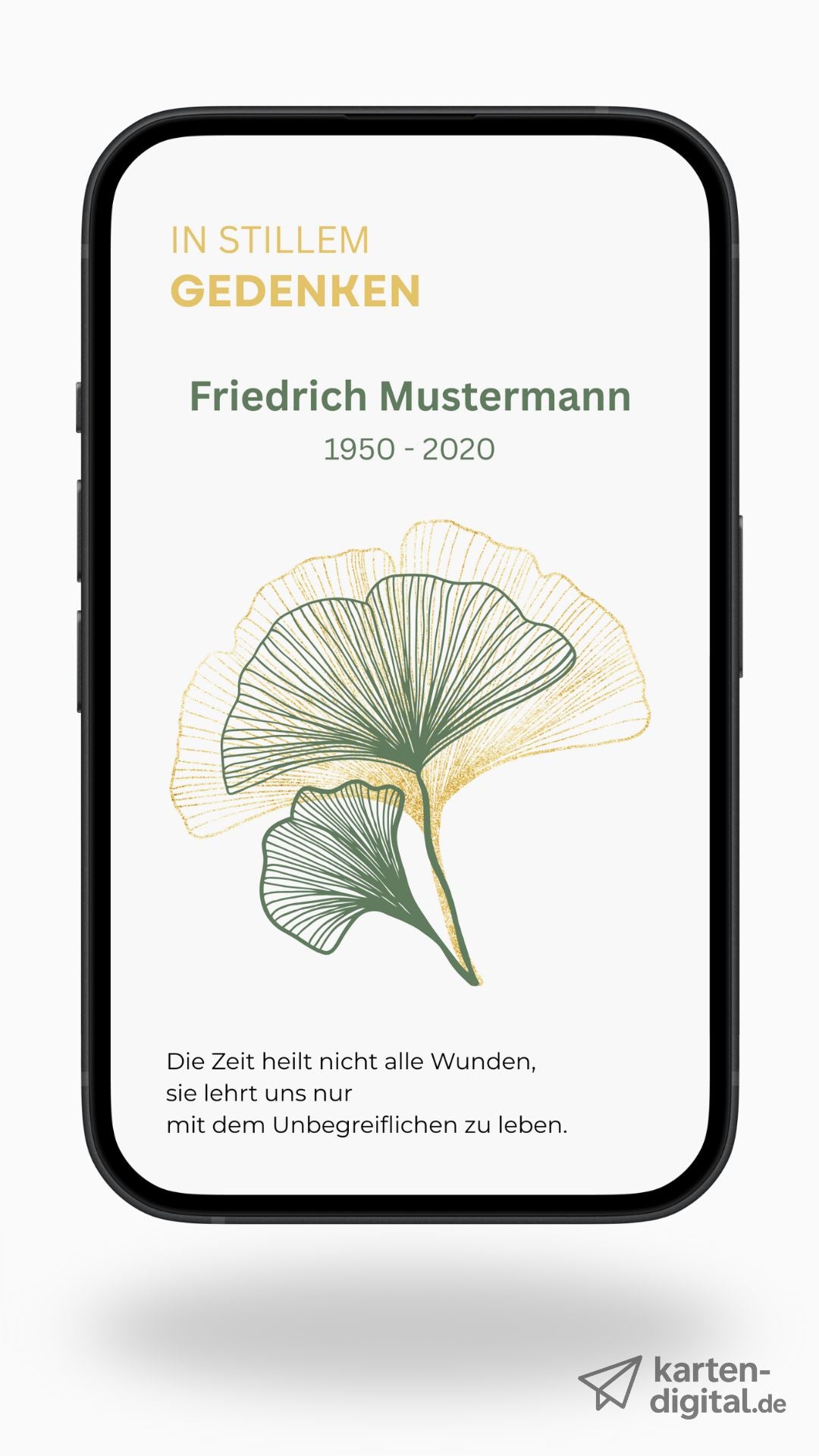 Digitale Trauerkarte mit Ginkgo und Zitat – modern, schlicht und stilvoll Abschied nehmen - 2-seitig