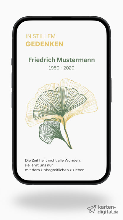 Digitale Trauerkarte mit Ginkgo und Zitat – modern, schlicht und stilvoll Abschied nehmen - 2-seitig