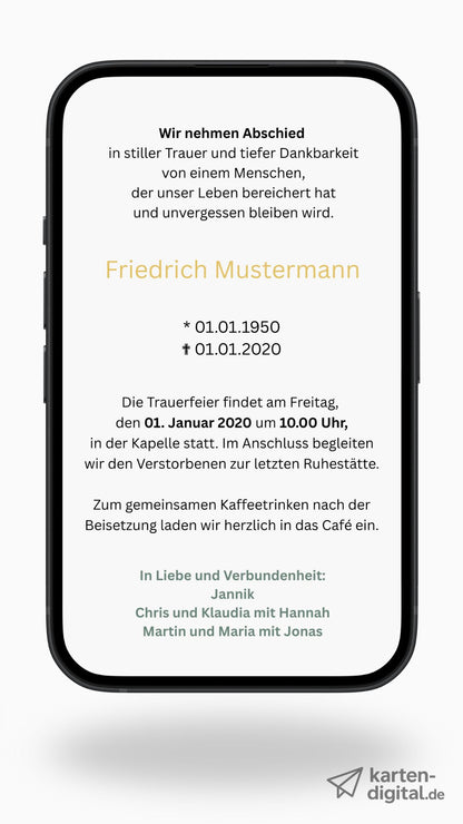 Digitale Trauerkarte mit Ginkgo und Zitat – modern, schlicht und stilvoll Abschied nehmen - 2-seitig