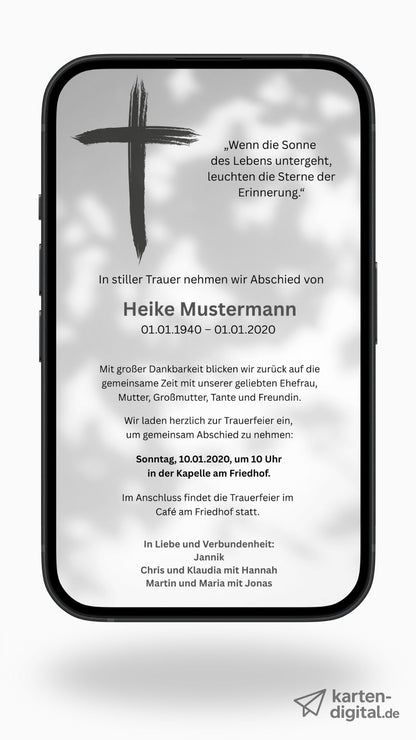 Digitale Trauerkarte mit Kreuz in Schwarz-Weiß – klar, würdevoll und traditionsbewusst Abschied nehmen