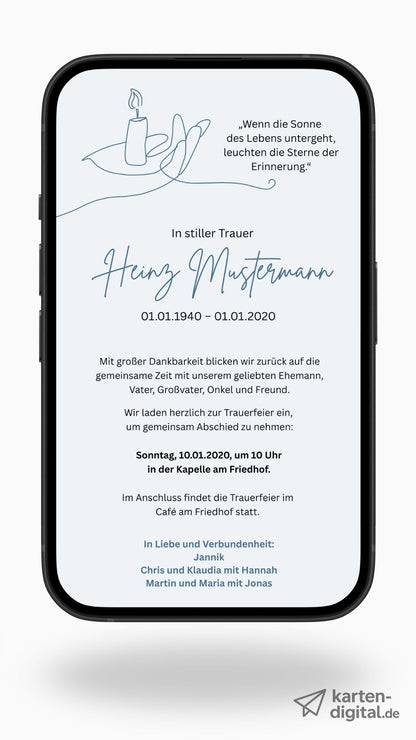 Digitale Trauerkarte mit Kerzenmotiv – stiller Abschied mit Symbol für Licht und Erinnerung