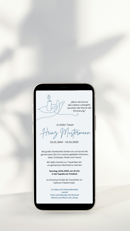 Digitale Trauerkarte mit Kerzenmotiv – stiller Abschied mit Symbol für Licht und Erinnerung