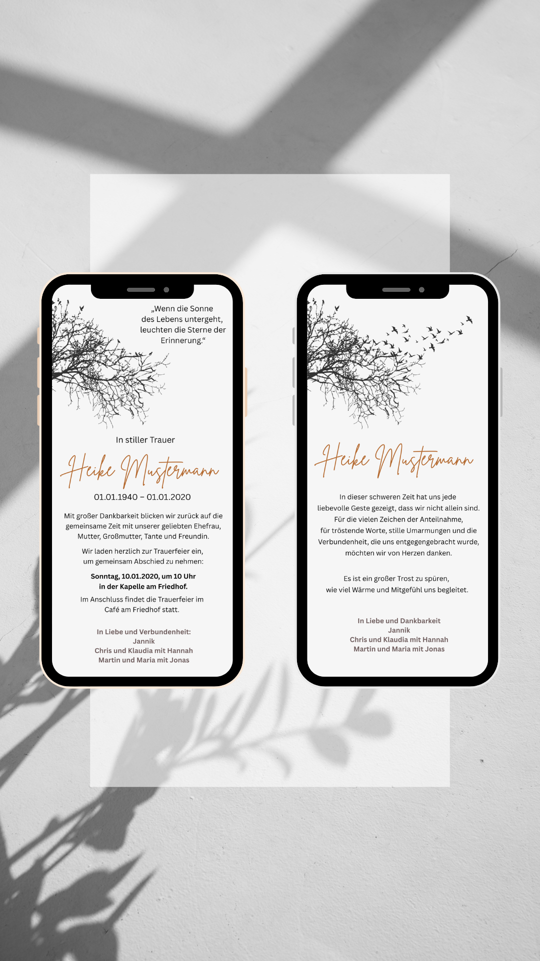 Digitales Trauerkarten-Set – Zweig & warmes Beige