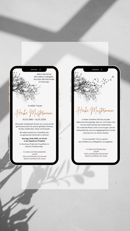 Digitales Trauerkarten-Set – Zweig & warmes Beige