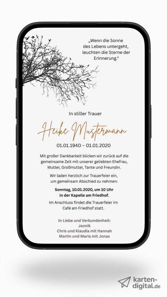 Digitale Trauerkarte mit Baumzweig und Zitat – stiller Abschied mit poetischem Design