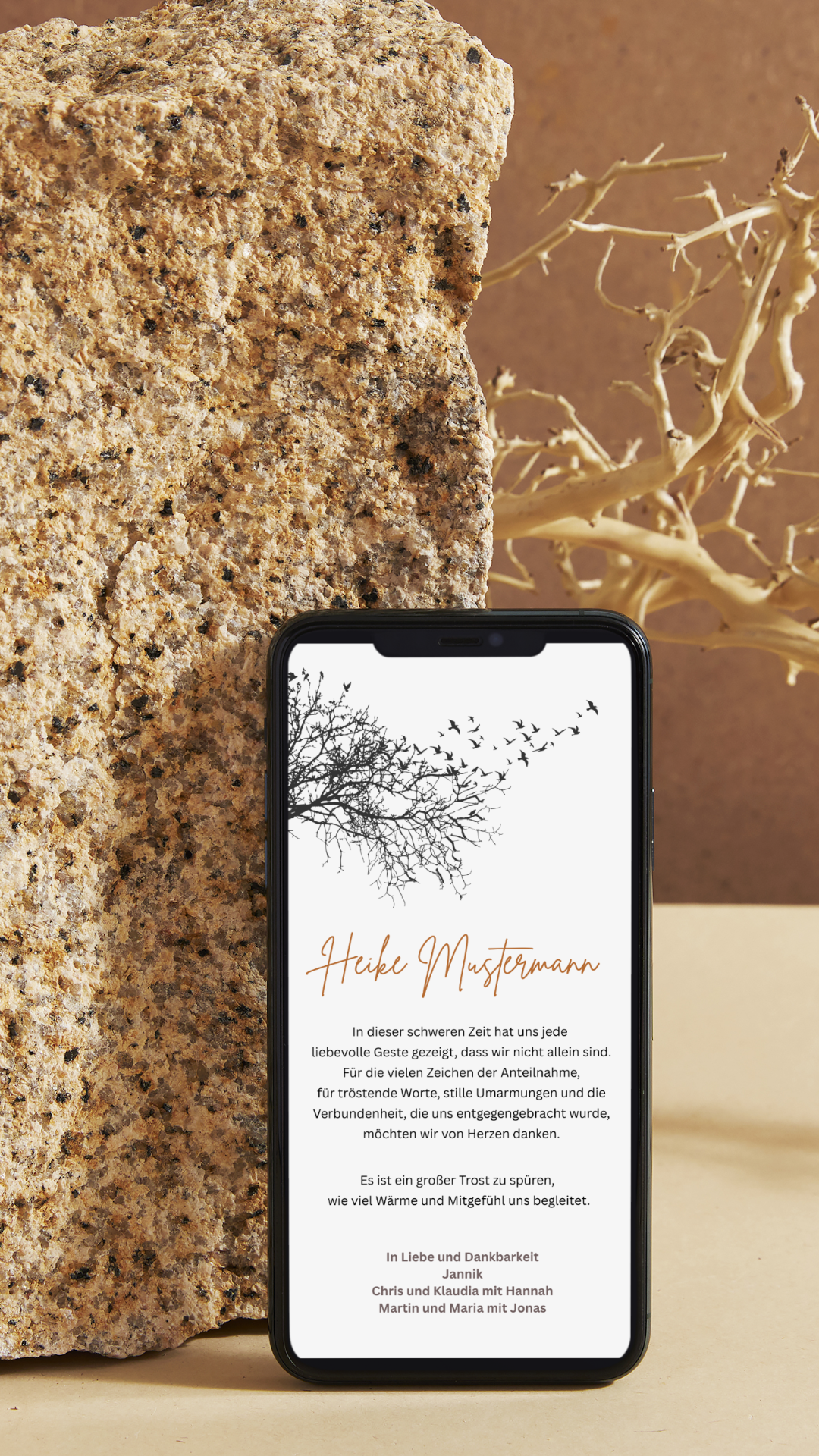 Digitales Trauerkarten-Set – Zweig & warmes Beige