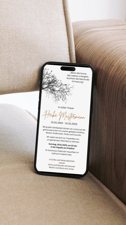 Digitales Trauerkarten-Set – Zweig & warmes Beige