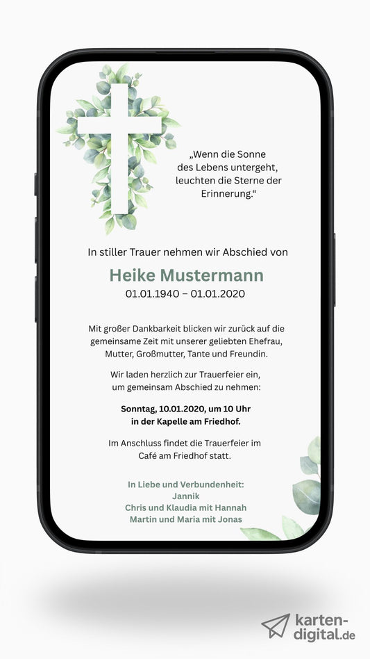 Digitale Trauerkarte mit Kreuz und Eukalyptus – modern, natürlich und tröstlich gestalten