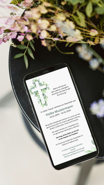 Digitale Trauerkarte mit Kreuz und Eukalyptus – modern, natürlich und tröstlich gestalten
