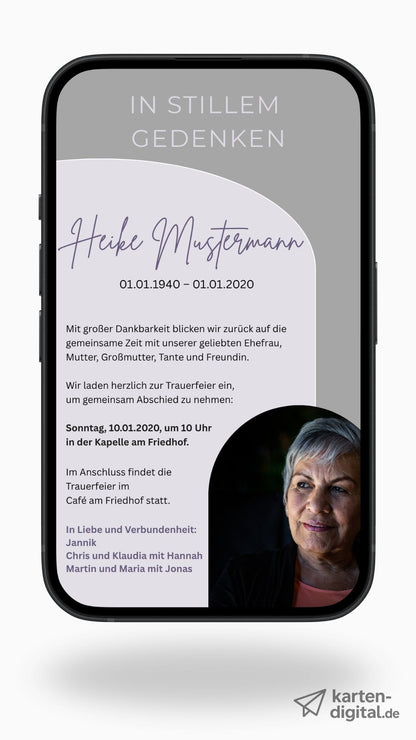 Digitale Trauerkarte in Fliedergrau mit Foto – modern, persönlich und stilvoll Abschied nehmen