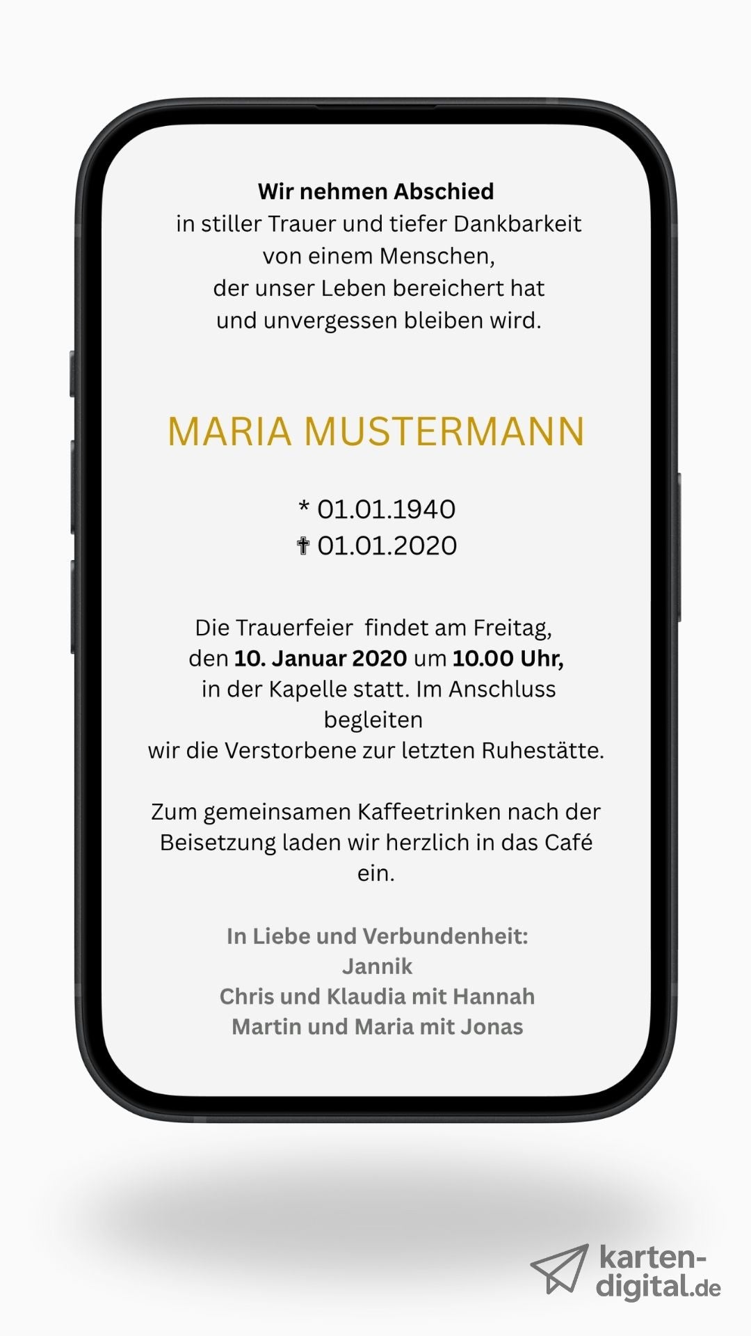 Zweiseitige digitale Trauerkarte – elegantes Design für eine würdevolle Einladung zur Beisetzung