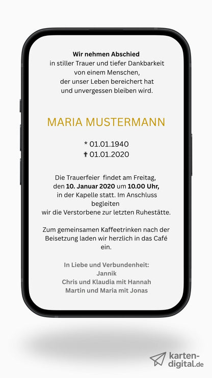 Zweiseitige digitale Trauerkarte – elegantes Design für eine würdevolle Einladung zur Beisetzung