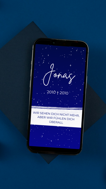 Digitale Trauerkarte für ein verstorbenes Kind – liebevoll gestaltet mit Sternenhimmel
