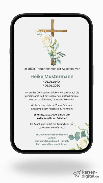 Digitale Trauerkarte mit Holzkreuz und weißen Rosen – liebevoll und klassisch Abschied nehmen