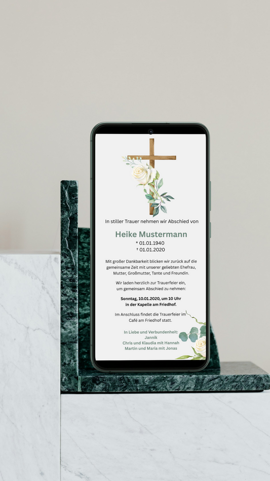 Digitale Trauerkarte mit Holzkreuz und weißen Rosen – liebevoll und klassisch Abschied nehmen