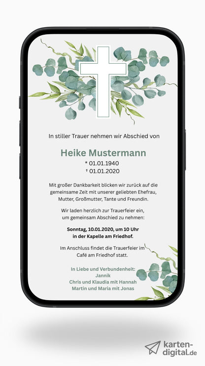 Digitale Trauerkarte mit Eukalyptus und Kreuz – stilvoller Abschied mit natürlichem Design