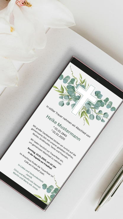 Digitale Trauerkarte mit Eukalyptus und Kreuz – stilvoller Abschied mit natürlichem Design