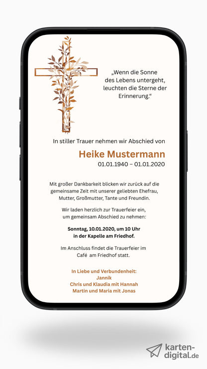 Digitale Trauerkarte mit Kreuz und Zitat – stilvoller Abschied mit warmem Design
