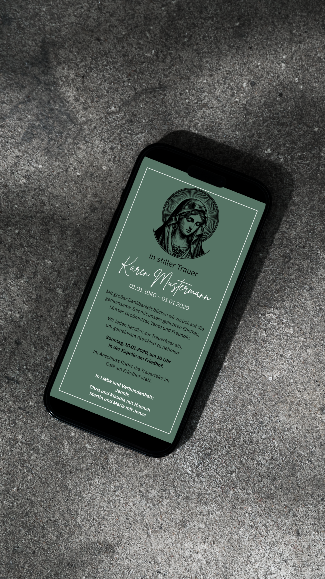 Digitale Trauerkarte mit Marienmotiv – stilvoll und spirituell zur Beerdigung einladen