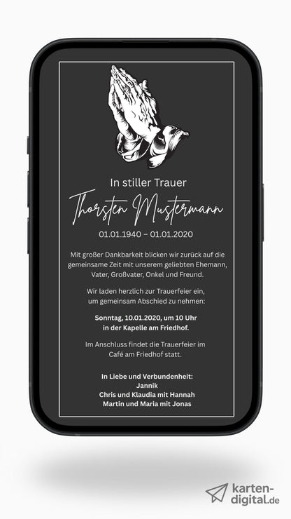 Digitale Trauerkarte mit betenden Händen – würdevoll Abschied nehmen und zur Beerdigung einladen