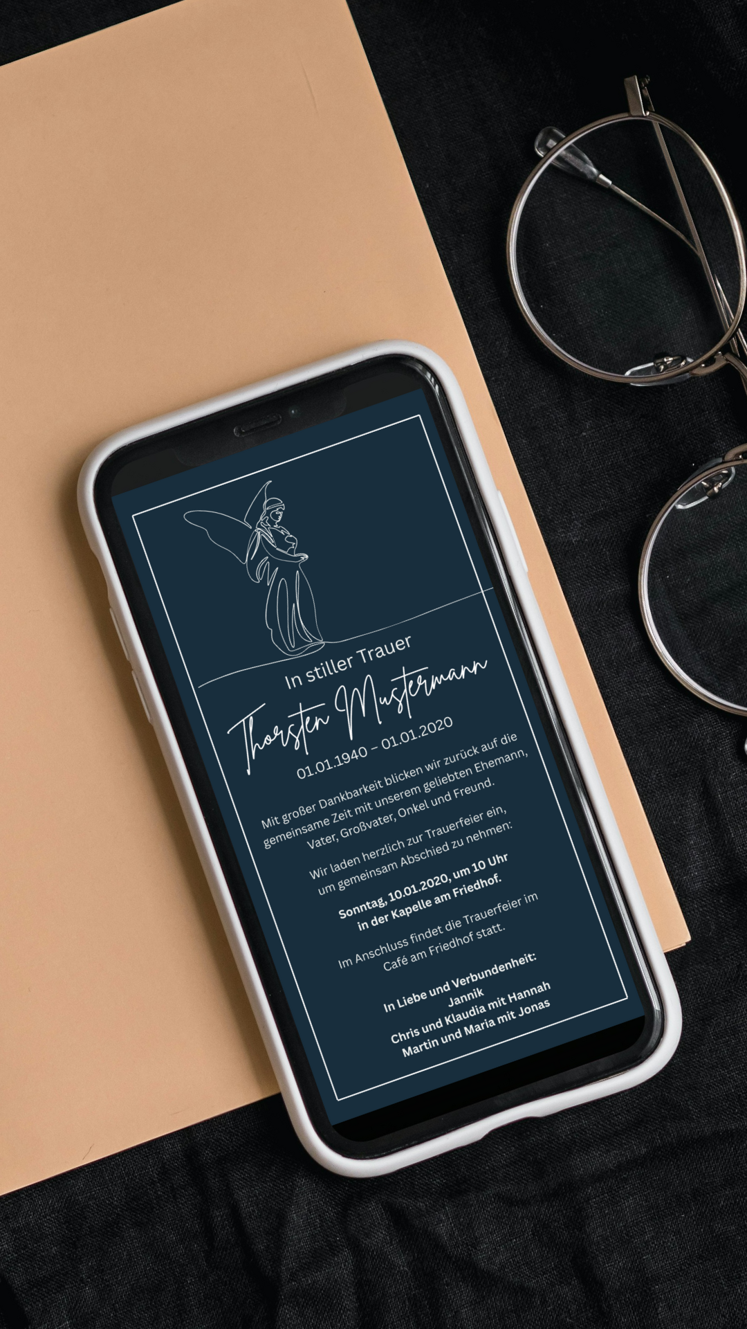 Digitale Trauerkarte mit Engel – liebevoll informieren und zur Beerdigung einladen