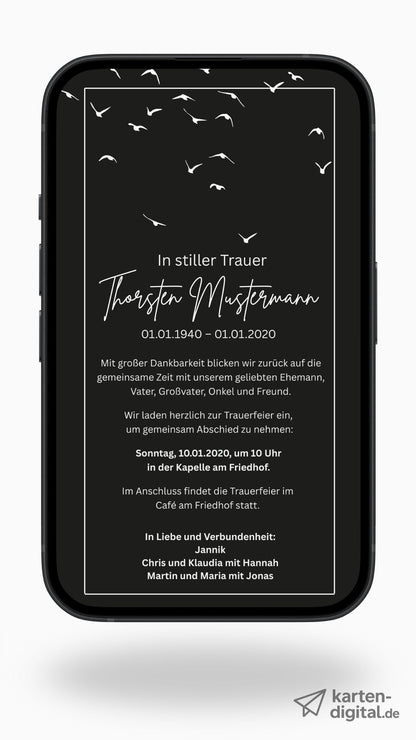 Digitale Trauerkarte in Schwarz – stilvoll und würdevoll zur Beerdigung einladen
