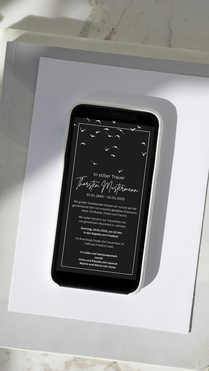Digitale Trauerkarte in Schwarz – stilvoll und würdevoll zur Beerdigung einladen