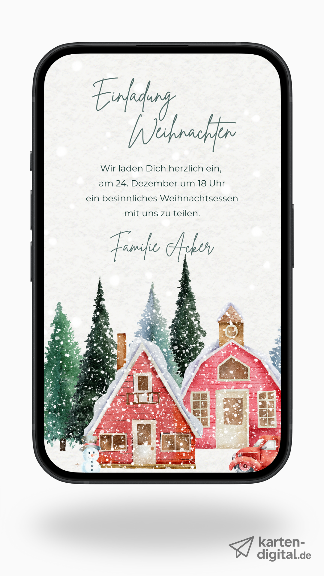 Digitale Einladung zu Weihnachten – winterliches Aquarelldesign mit gemütlichen Häuschen