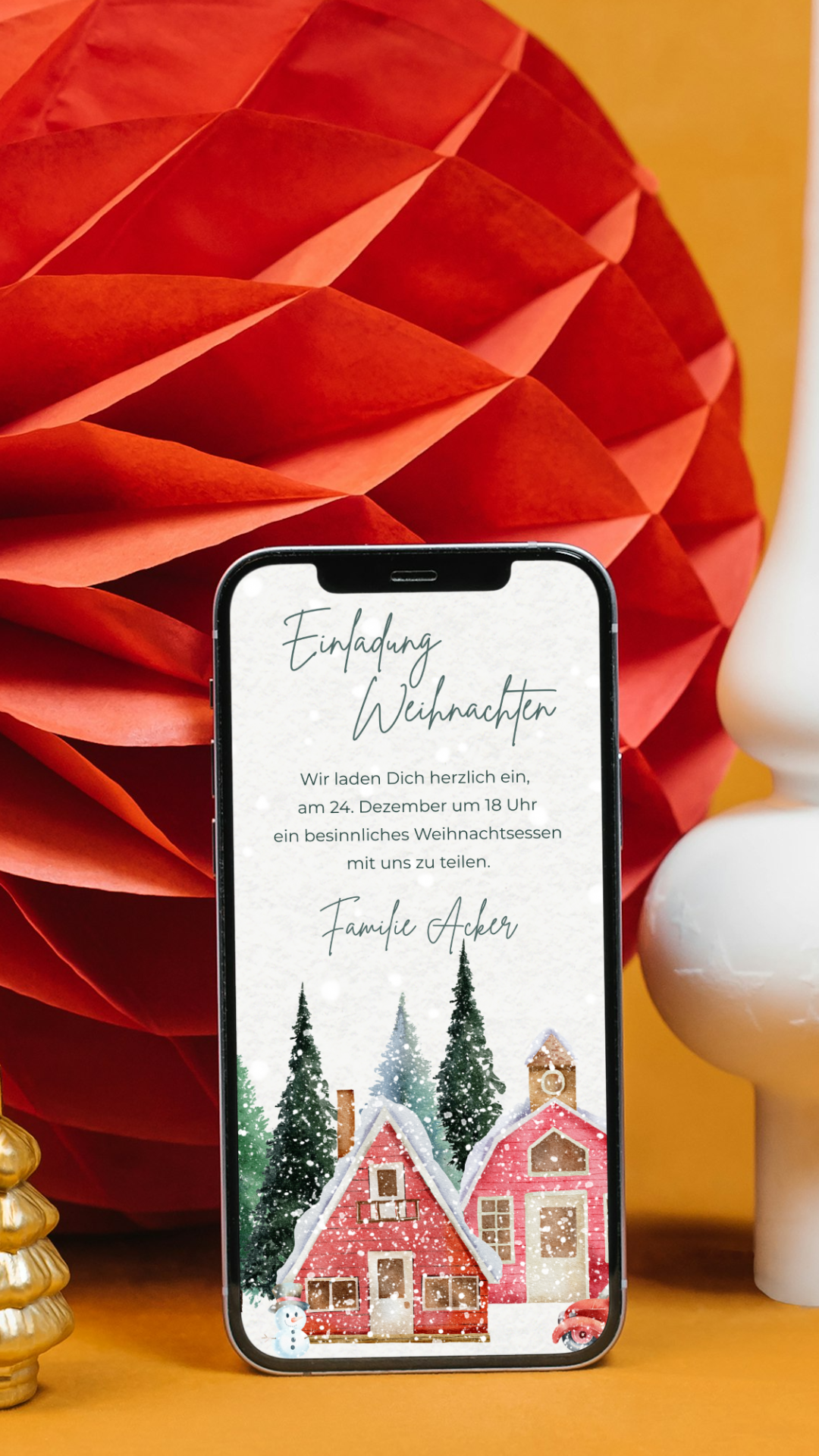 Digitale Einladung zu Weihnachten – winterliches Aquarelldesign mit gemütlichen Häuschen