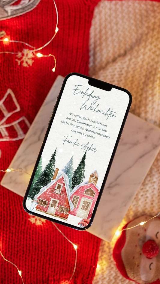 Digitale Einladung zu Weihnachten – winterliches Aquarelldesign mit gemütlichen Häuschen