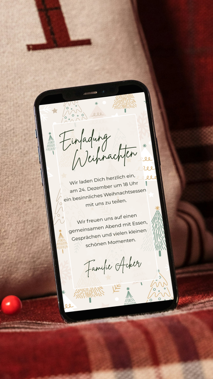 Digitale Einladung zu Weihnachten – helles Festtagsdesign mit liebevollen Illustrationen