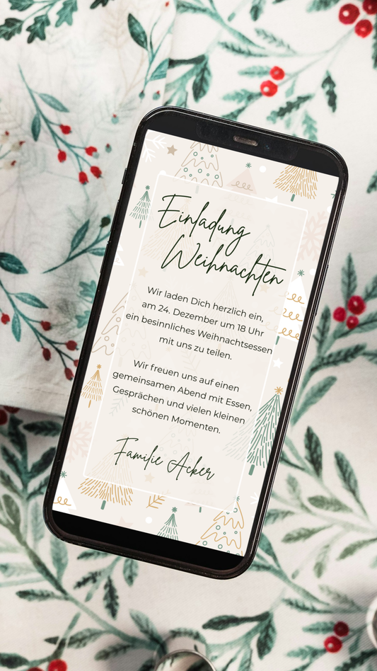 Digitale Einladung zu Weihnachten – helles Festtagsdesign mit liebevollen Illustrationen