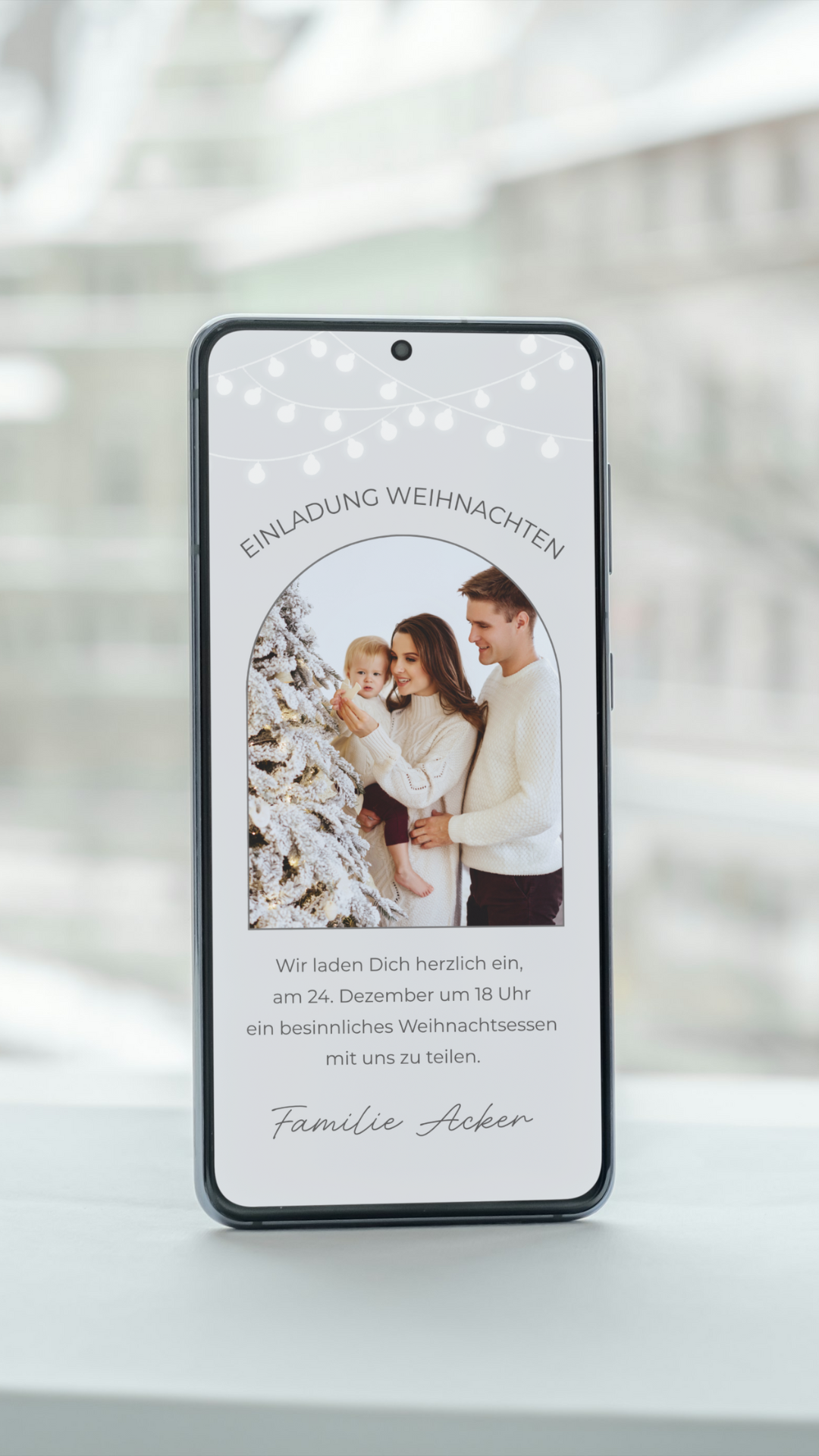 Digitale Einladung zu Weihnachten – modernes Fotodesign in hellen Wintertönen